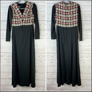 Vintage Nancy's Women's Black Patchwork Long Sleeve Floor‎ Length Dress Size S